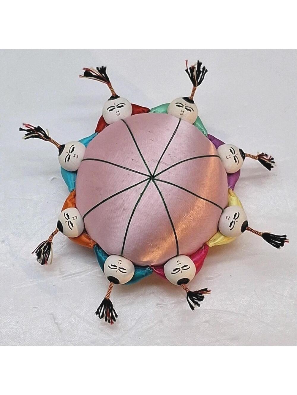 Oriental Satin Sewing Pin Cushion Pink with 8 Sumo Babies Children Holding Hands